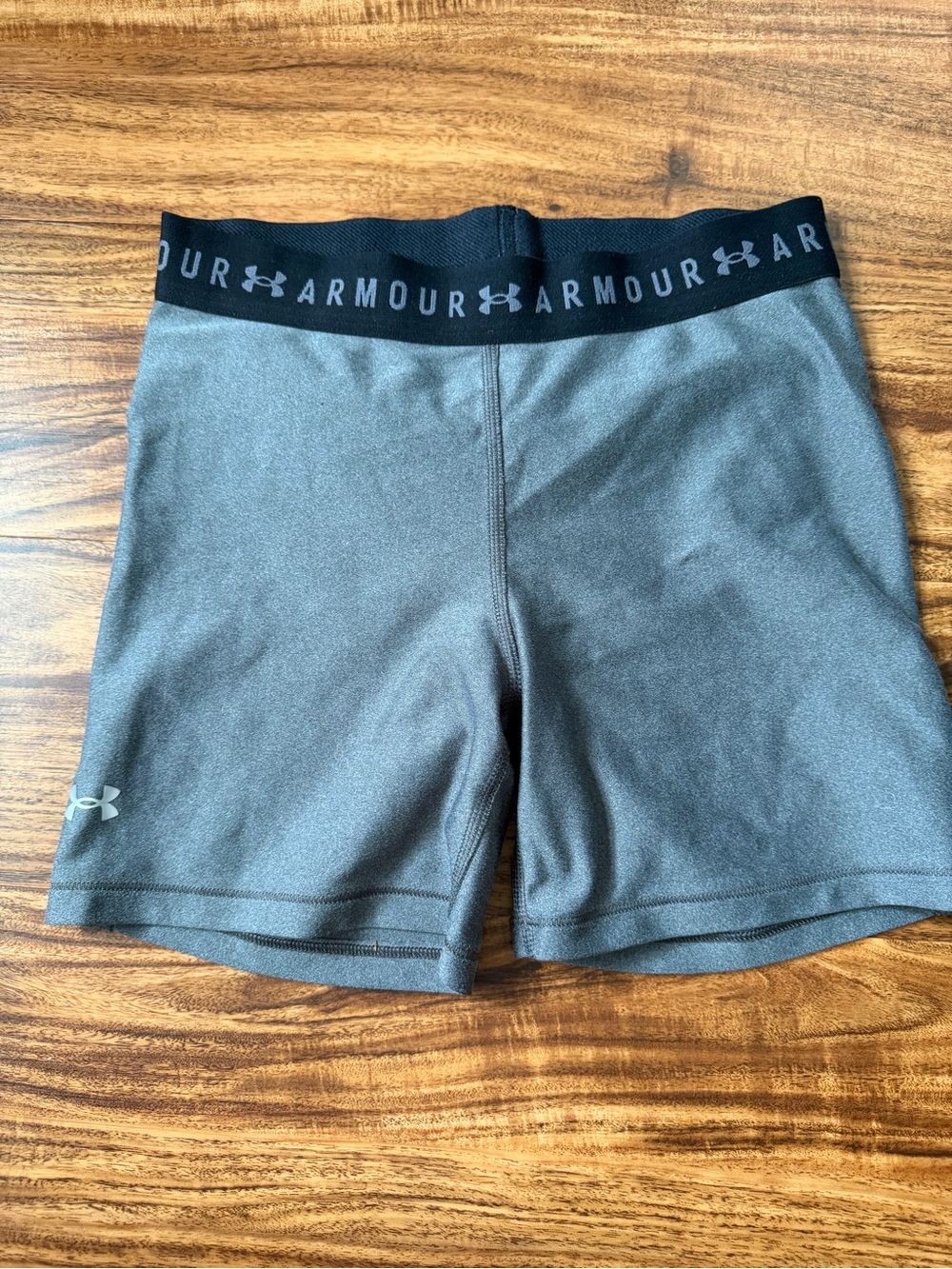 Under Armour Women's Gray Athletic Performance Shorts with Black Logo Waistband